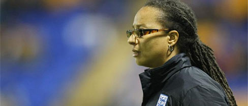 Hope Powell looks on as England take on Norway at Shrewsbury Town.